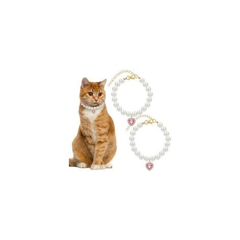 Collier de Perles pour Chat, 2 pièces, Pendentif en Forme de cœur, Strass, Mignon, pour Animal de Compagnie, Taille réglable, Accessoires pour Petit Chien, Chiot, Chat, pour fête de Mariage