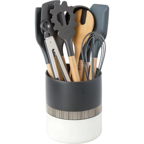 Étagère de cuisine - Porte-ustensiles - Rangement de cuisine minimaliste - Support pour couteaux, fourchettes et baguettes - Bac de rangement rond - Noir et blanc - 13 x 13 x 15,25 cm - Céramique noir (1/5)