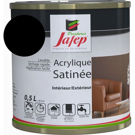Peinture acrylique satinée noir 0,5 L – Haute résistance – Lessivable – Pour intérieur et extérieur – Rendement 12-14m²/L – Jafep