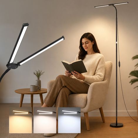 HEMVOR Lampadaire LED double tête 18 W dimmable 3 températures 10 niveaux col de cygne réglable Noir prise EU (1/5)