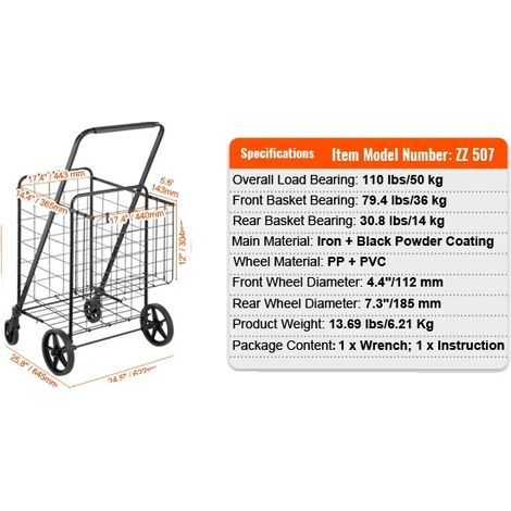 Chariot de courses, grande capacité, roues pivotantes à 360°, 106LBS (1/2)