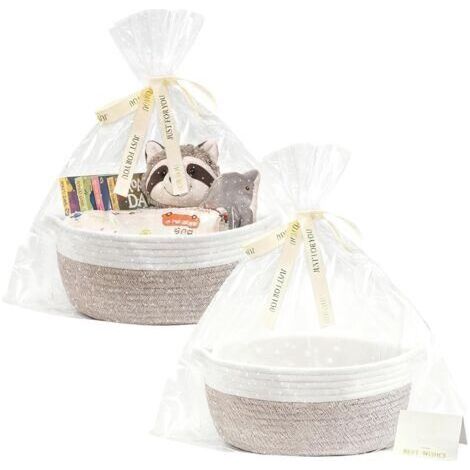 Panier Cadeau, 2 Pièces Panier Cadeau Vide, Panier Tressé avec 2 Sacs Cadeaux Transparents, 2 Rubans Colorés, 2 Cartes de Vœux pour Baby Shower, Anniversaire, Mariage, Fête des Récoltes, Noël (1/5)