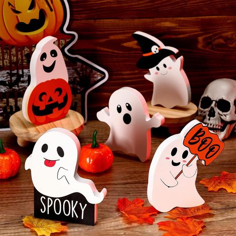 5-teiliges Halloween-Geister-Tischdeko-Set – Niedliche Regalornamente, Hexen-Mittelstück aus Holz, rustikale Herbstparty-Accessoires (entzückender Stil)