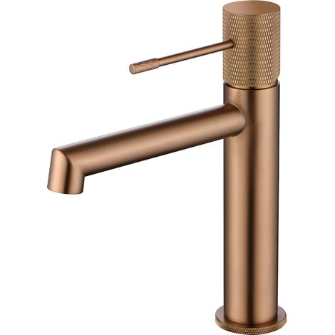 IMEX Grifo monomando para lavabo en latón con acabado oro rosa cepillado cartucho cerámico Ø26 mm altura 200 mm cano 150 mm incluye set 2 flexibles 3-8 – Modelo LINE BDD038-1ORC