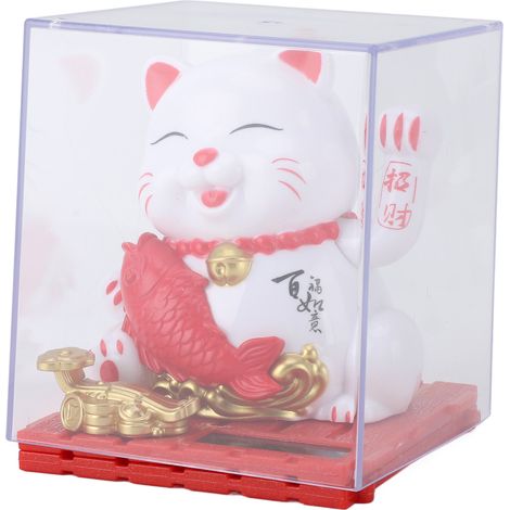Chat fortune solaire animé blanc, modèle mignon agitant la patte avec couvercle transparent pour tableau de bord, comptoir caisse et magasin (1/5)