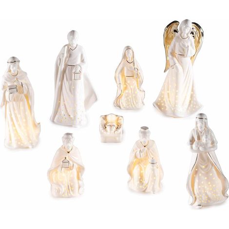 Statuine per il Presepe in Porcellana Bianca e Oro con Led 8 Personaggi Natività (1/3)