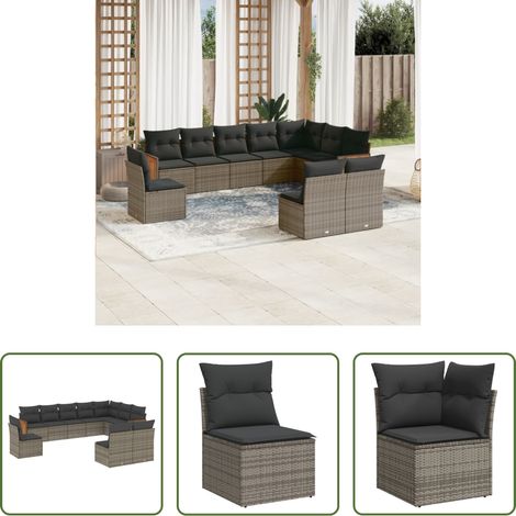 vidaXL Canapé en résine - Salon de jardin avec coussins 10 pcs gris résine tressée (1/5)