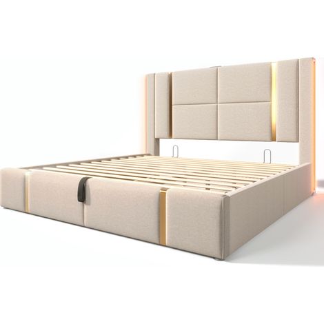 Cama doble tapizada 160 x 200 cm con LED, USB Tipo-C, app y arcón de almacenaje Beige (1/5)