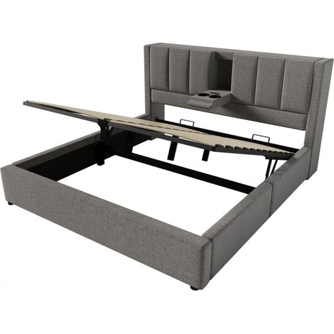 Cama con almacenaje 160x200 cm con USB y portavasos ocultos, gris, con somier (1/5)