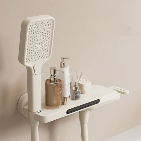 Robinet de baignoire de style cascade (blanc cassé) avec pommeau de douche à main et mélangeur d'eau chaude et froide mural. (1/5)