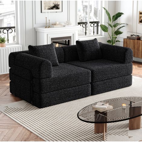 Divano letto 2 in 1 in ciniglia nero con vano portaoggetti nel bracciolo, set 2 pezzi (1/5)