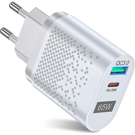 Gan 65W Tragbares Ladegerät mit Schnellladefunktion 3.0, USB-C-Anschluss und PD-Unterstützung (QC 3.0) – Weiß (EU)