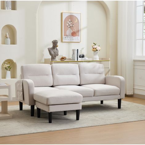 Canape d'angle en L 204/136/80 cm beige, 3 places avec meridienne et poches de rangement (1/5)