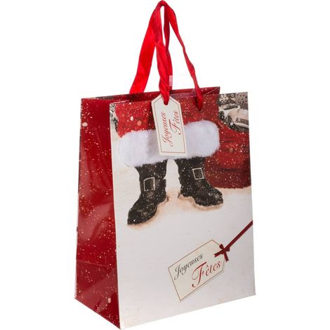 Sac cadeau imprimé petite taille père Noël avec fourrure - Feeric lights & christmas