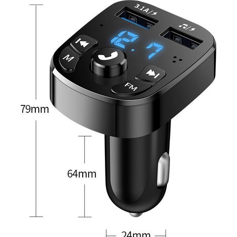 Trasmettitore FM Bluetooth per auto, adattatore ricevitore radio con illuminazione ambientale blu, funzione vivavoce e doppio caricatore USB. (1/4)