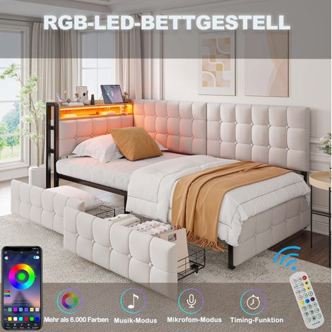 MODFU – Letto a panca per bambini 90x200 cm in metallo/tessuto con LED, USB/Type-C, 2 cassetti, funzione letto e carico 120 kg – Beige (1/5)