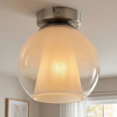 Plafoniera a LED cromata per soggiorno con sfera in vetro opalino, altezza 19 cm (1/5)