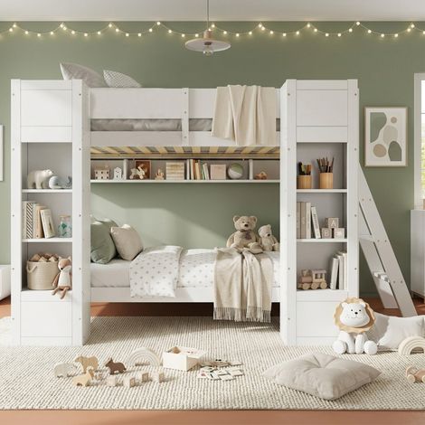 Letto a castello per bambini 90x200 cm con 2 armadi, mensola appendiabiti, scaletta reversibile, legno bianco (1/5)