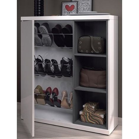 Meuble à chaussures avec 1 porte et 3 étagéres, coloris blanc brillant - Dim : 108cm x 79cm x 25cm (1/3)