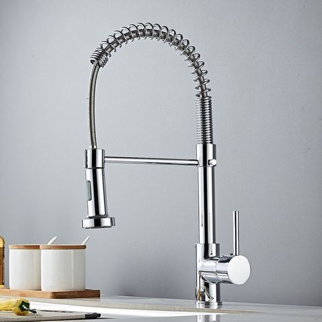 Robinet Cuisine - Mitigeur Cuisine à Ressort avec Douchette Extensible, Rotatif à 360°, 2 Modes de Pulvérisation Robinet d'Évier en Acier Inoxydable (1/4)