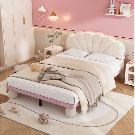 lit enfant double lumineux 140x200 velours beige rose OKMYHOME (1/5)