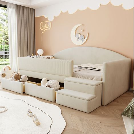 DESVIAE Lit enfant rembourré avec barrières de sécurité et marches antidérapantes 90 x 190 cm avec 2 tiroirs de rangement en velours beige (1/5)