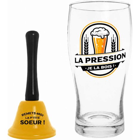 Coffret verre à bière 50 cl et clochette humoristique