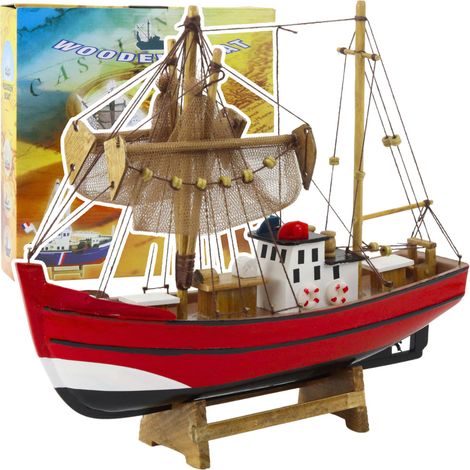 Modellino da collezione di barca da pesca decorativa, colore rosso, 30x26 cm. (1/4)