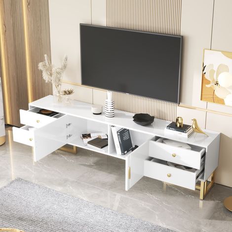 Meuble tv bas avec portes texturées, tiroirs, poignées et pieds dorés – meuble tv design pour salon (1/5)