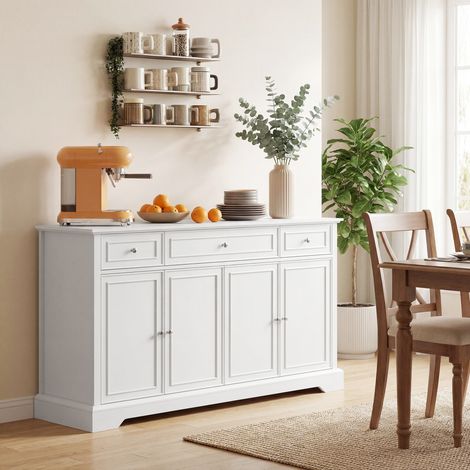 Aparador para salón, mueble de almacenamiento con 3 cajones, 4 puertas con cierre suave y estantes ajustables, color blanco.