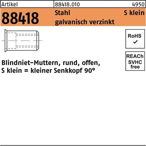 Blindnietmutter R 88418 Senkkopf M 8 /0,25-3,5Stahl galvanisch verzinkt 100 Stück