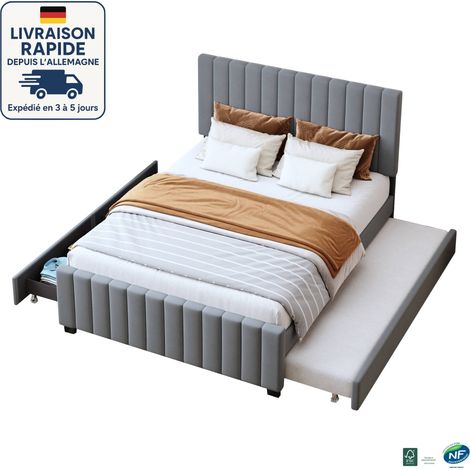 MODFU - Cama adulto 90/140x190cm con cama nido, 2 cajones, somier tapizado, sin colchón, terciopelo, gris