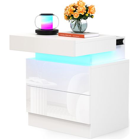 Comodino Haloyo® con 2 cassetti e LED a 16 colori, comodino, tavolino per telefono, prese CA, per soggiorno, camera da letto, ufficio, 40x35x52cm, bianco (1/5)