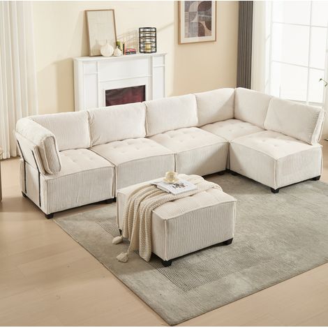 Modulares 6-Sitzer-Sofa aus beigefarbenem Cord, 308 cm, U-, L- oder Bettform, HAVRYA (1/5)