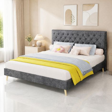 Cama 160x200 cm gris de tela y metal con cabecero acolchado DESVIAE (1/5)