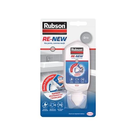 Rubson RE-NEW 80ml, mastic sanitaire gris à base de silicone, s'applique sur le joint déjà existant, mastic étanche & anti-moisissures
