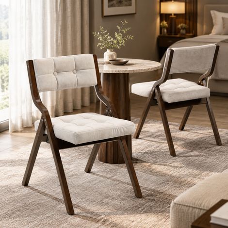 Sedie da pranzo pieghevoli con cuscino imbottito, set da 2, legno e velluto color crema DESVIAE