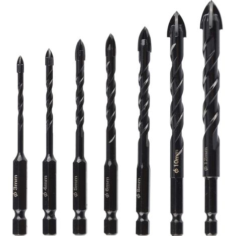 Set di 7 punte per trapano per calcestruzzo, nere, con 4 taglienti duri, strumento multifunzionale per forare pietra, piastrelle, mattoni, muri, vetro, legno, muratura, ceramica e granito (3/4/5/6/8/1