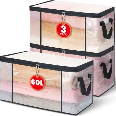 Lot de 3 sacs de rangement transparents 60L – boîte sous lit/armoire, housse pour couette, organisateur de placard, pliable av - 60L (1/5)