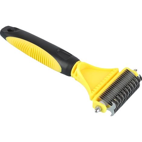 Brosse Chien Chat Peigne Démêloir, Râteau Toilettage Double Face pour Enlever Sous-Poils Morts et Nœuds, Outil Soin Pelage pour Animaux de Compagnie Poils Longs et Courts, Jaune (1/5)