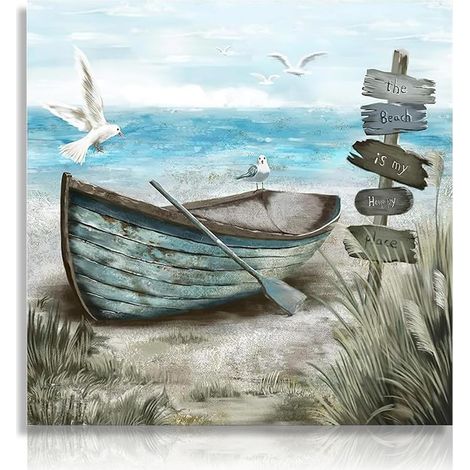 Affiche Décorative Côtière Mouette Bateau sur Plage, Affiche Murale Rustique Bleu Océan pour Salle de Bain Décoration de Salon 16x16 in Sans Cadre (1/5)