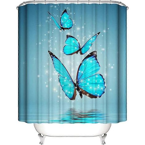 Rideau de douche papillon bleu pour salle de bain, 12 crochets inclus, accessoires de salle de bain (1/5)