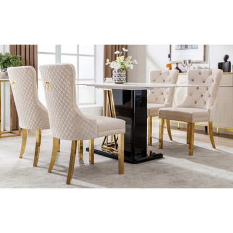 Chaise de salle à manger (chaise de cuisine, chaise de salon avec heurtoir original au dossier, lot de 4), chaise rembourrée avec garniture cloutée, pieds de support en acier inoxydable plaqué or, rev (1/5)