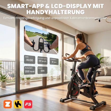 Vélo d'appartement réglable en hauteur avec résistance magnétique, écran LCD, guidon ajustable et support smartphone. (1/5)