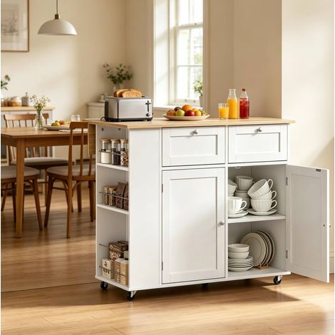 Mobile cucina con piano ribaltabile 101 x 62 x 86 cm, ruote, bianco e rovere chiaro DESVIAE (1/5)