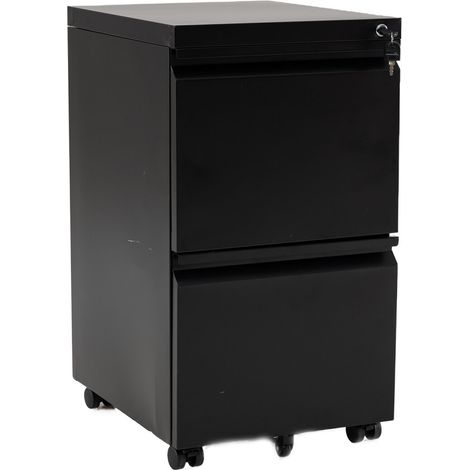 Caisson de bureau mobile noir en métal avec 2 tiroirs verrouillables et 5 roulettes dont 2 avec freins, pour bureau