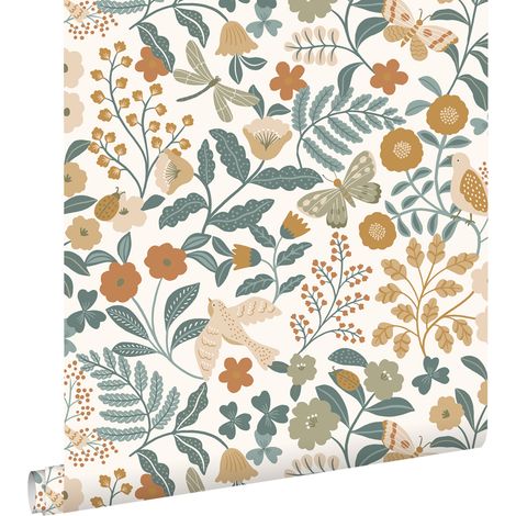 papier peint fleurs et oiseaux bleu grisâtre, vert olive grisé et jaune ocre  - ESTAhome (1/5)