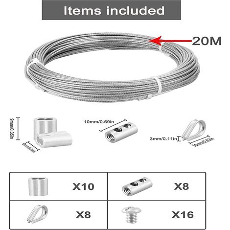 20 Meter langes, PVC-beschichtetes Edelstahlseil mit Klemme, wie abgebildet Zubehör für PVC-beschichtete Stahlseile im Haushalt Stahlseile für den Außenbereich. (1/5)