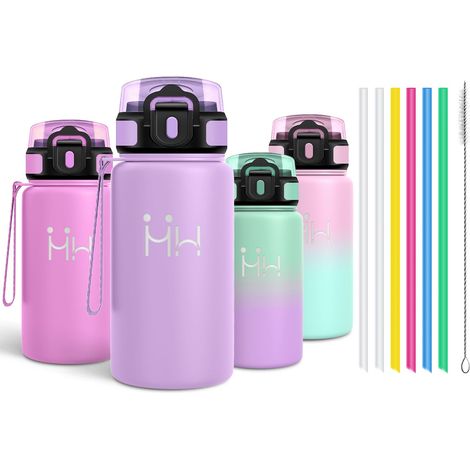 Gourde Inox 500ml, Gourde Isotherme avec six Pailles et 1 Brosse à épong, Étanche et sans BPA, Double Paroi Isolante, Bouteille D'eau - Lilas clair (1/5)
