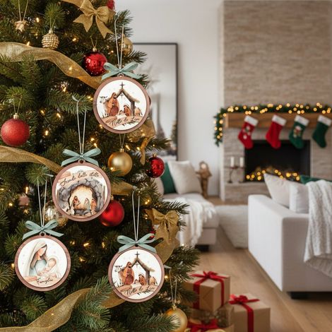 Pendaglio tondo in legno decorazione natalizia per albero di Natale set da 8 (1/3)